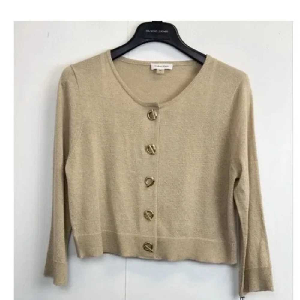Calvin Klein Gold Metallic Toggle Buttons Cropped Cardigan sleeve 3/4 size M - Picture 3 of 5